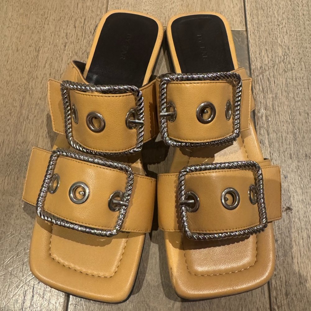 BY FAR Tan Sandals with Silver Buckles - size 9